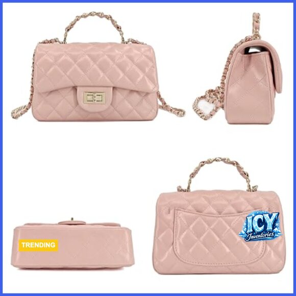 Quilted Leather Crossbody Bag with Gold Chain Strap and Top Handle - Picture 3 of 7